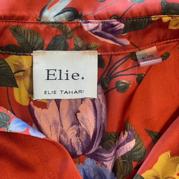 ELIE Tahari Satin Button Top Womens XL Rust Tropical Floral Sleeveless Shell - Picture 4 of 7